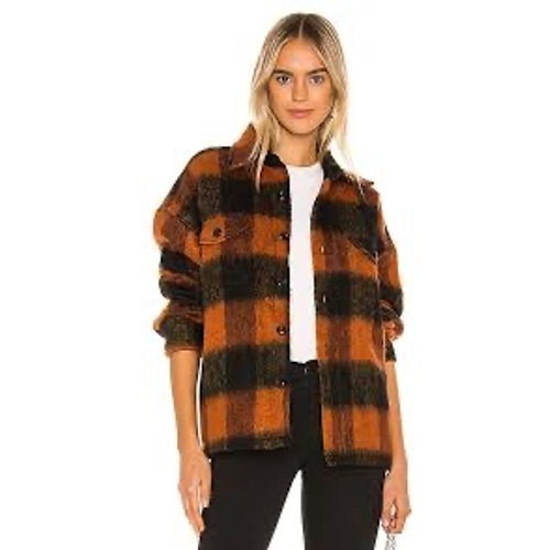 Anine Bing Samone Trucker Jacket Orange Black Buffalo Plaid Mohair Alpaca Wool M